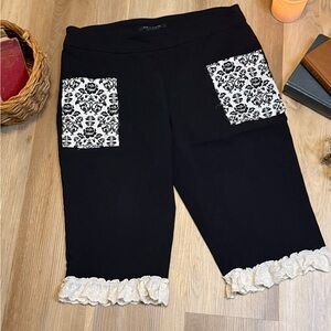 Upcycled Black Bermuda Shorts with Lace Trim Damask Print Pockets Cottagecore